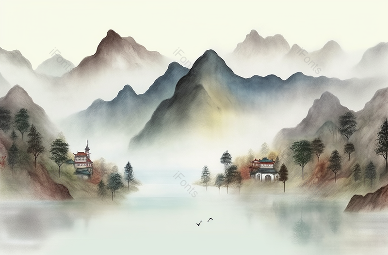 工笔画山脉河流背景新中式彩色水墨山水画,插画/手绘图,插画/手绘图库,插画/手绘图下载,插画/手绘
